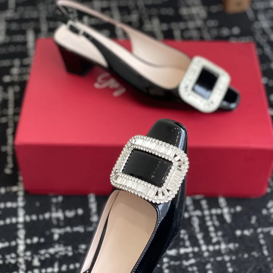Roger Vivier Belle Viver Slingback Pumps High Heels In Black Patent Leather With Crystal Buckle (Heel Height 4.5cm)