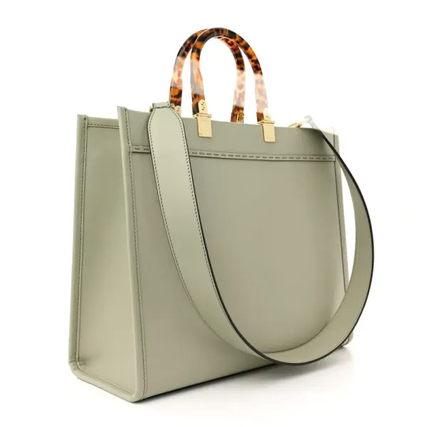 Fendi Medium Logo Embossed Sunshine Shopper Tote Green Tea King Vitello Leather & Plexiglass Gold Hardware - Image 3