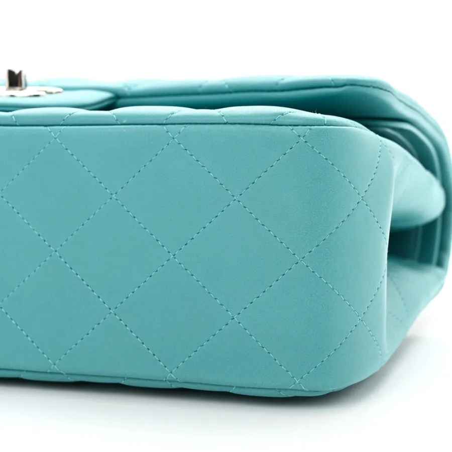 Chanel Double Flap Jumbo Turquoise Quilted Lambskin Leather Silver Hardware