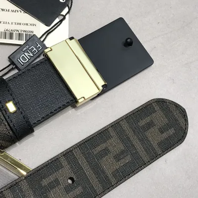 Fendi Men's Rectangle Buckle Belt In Black/Brown/Red Calfskin And Monogram Canvas With Gold/Silver Hardware 38mm