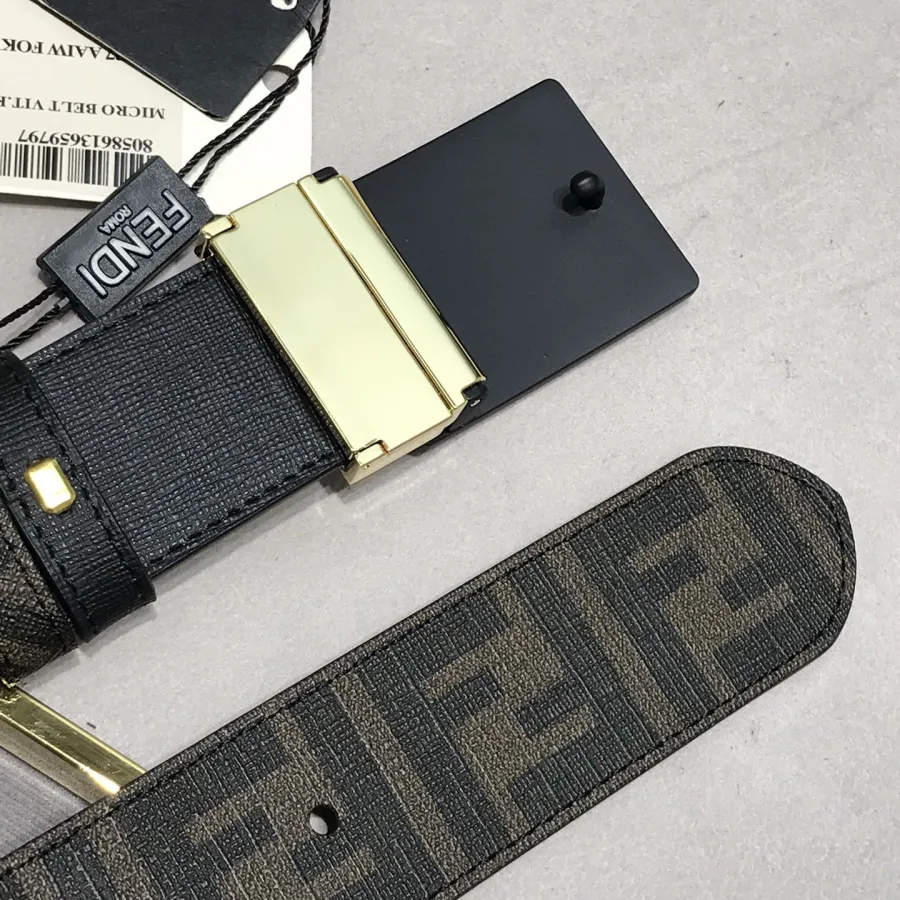 Fendi Men's Rectangle Buckle Belt In Black/Brown/Red Calfskin And Monogram Canvas With Gold/Silver Hardware 38mm