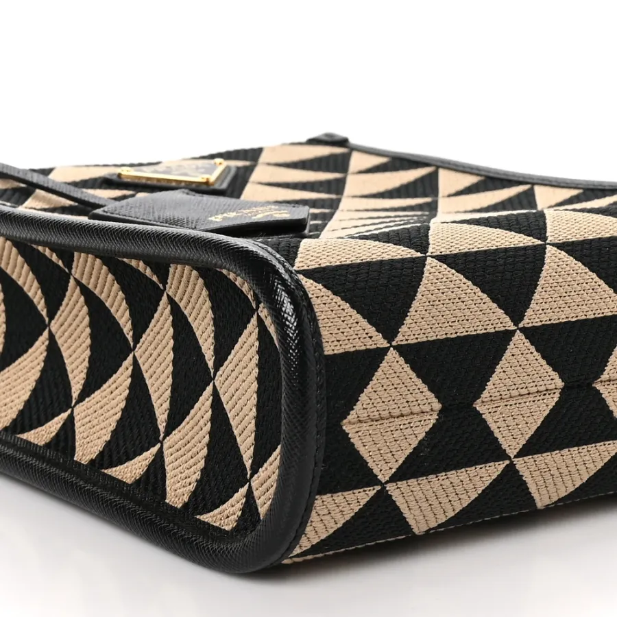 Prada Mini Triangolo Symbole Embroidered Tote Bag Black/Corda Jacquard Saffiano Leather Gold Hardware