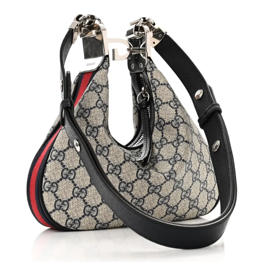 Gucci Small Web Attache Shoulder Bag Beige/Blue GG Supreme Monogram Canvas & Textured Calfskin Leather Silver Hardware