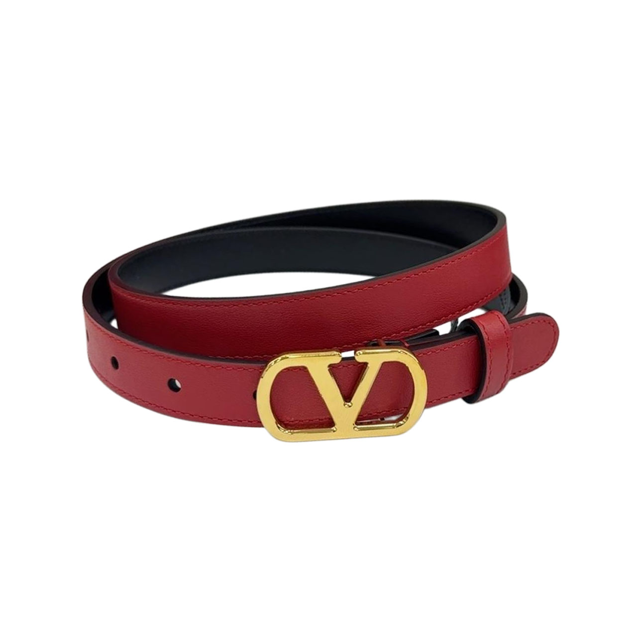 Cinto Valentino V com Fivela em Vermelho/Marrom Pastel/Preto/Marrom em Pele de Bezerro com Acabamento Dourado 20mm