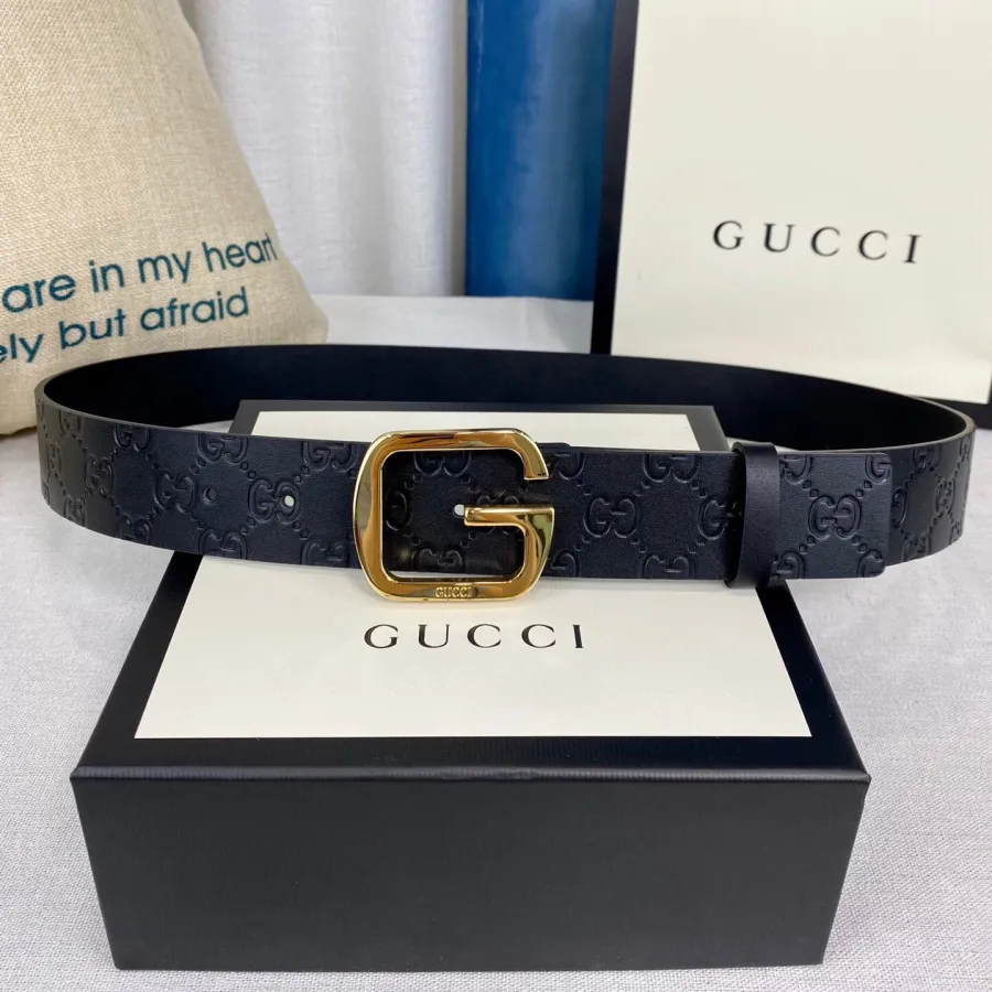 Gucci Men's Square G Buckle Belt In Black Monogram Calfskin With Gold/Silver Hardware 38mm
