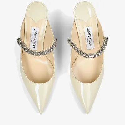 JIMMY CHOO Linen-colored patent leather crystal strap Moeller shoes