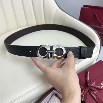 Ferragamo Men's Double Gancini Buckle Belt In Black Grained Calfskin With Gold/Silver/Black Hardware 35mm