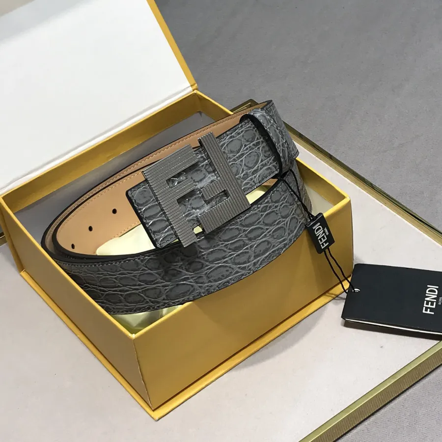 Fendi Men's FF Buckle Belt In Blue/Grey Crocodile-Embossed Leather With Gold/Silver Hardware 40mm
