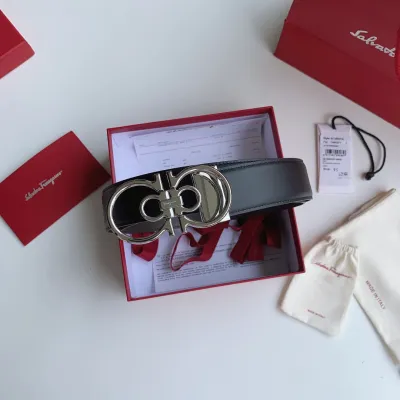 Ferragamo Men's Double Gancini Buckle Reversible Belt In Black/Brown/Coffee Calfskin With Gold/Silver/Black Hardware 35mm