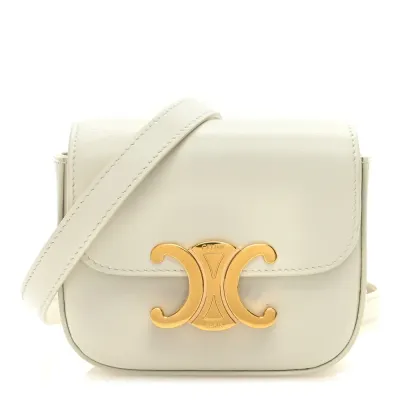Celine Mini Triomphe Bag White Shiny Calfskin Leather Gold Hardware