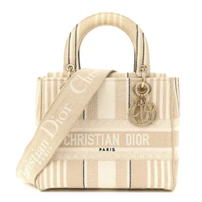 Dior Medium Stripes Lady D-Lite Beige Embroidered Canvas Gold Hardware