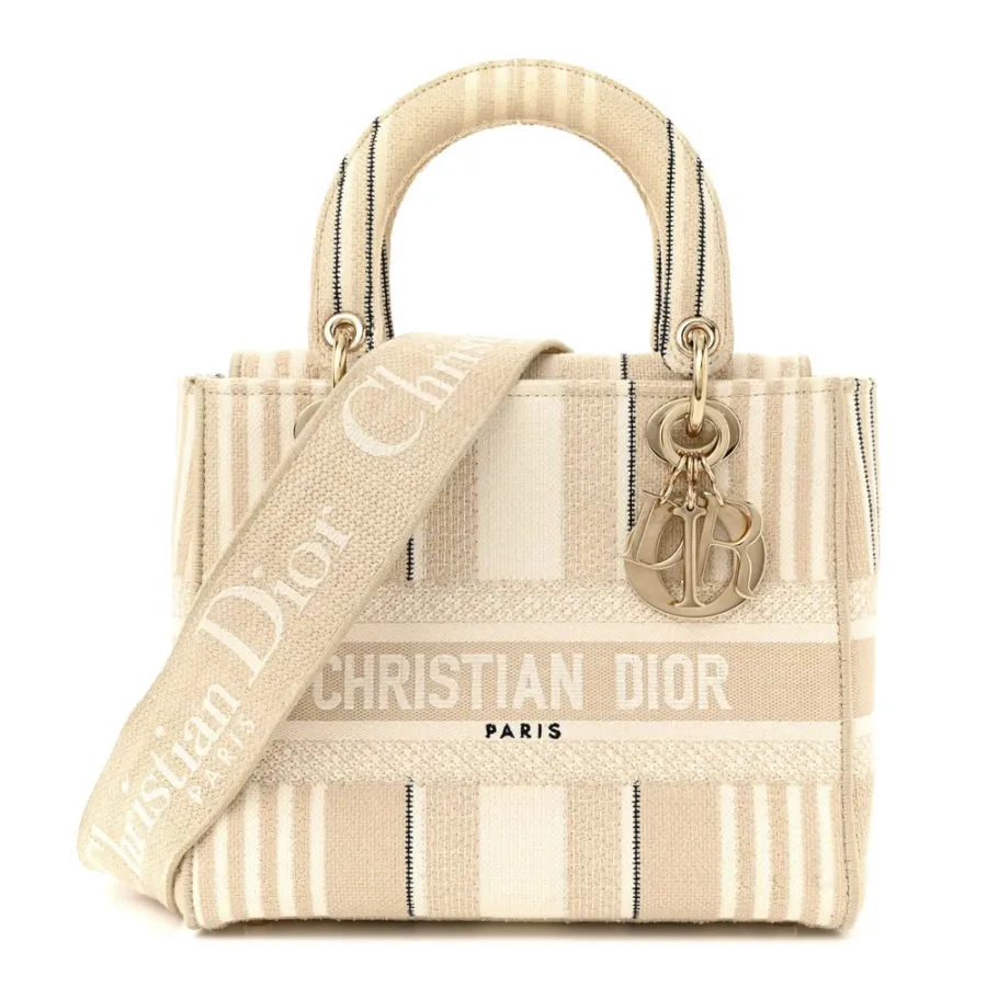 Dior Medium Stripes Lady D-Lite Beige Embroidered Canvas Gold Hardware