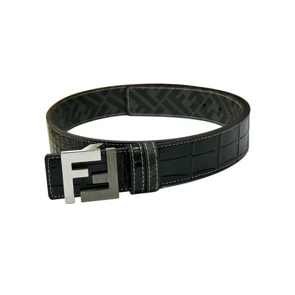 Fendi Men's Squared FF Buckle Belt In Black Crocodile-Embossed Calfskin And Monogram Canvas With Gold/Silver/Gun Black Hardware 40mm - Image 3