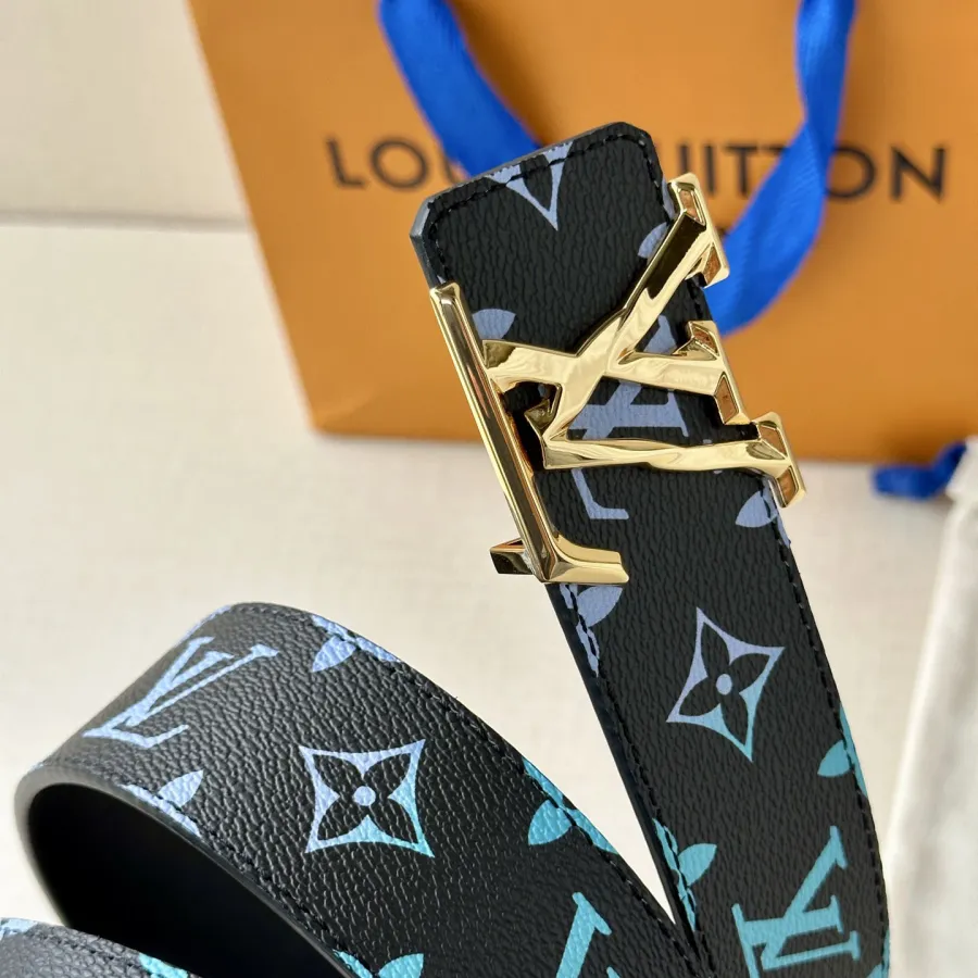 Louis Vuitton Men's Initiales Belt In Black/Blue/White/Dark Blue Monogram Canvas With Gold/Silver/Gun Black Hardware 40mm