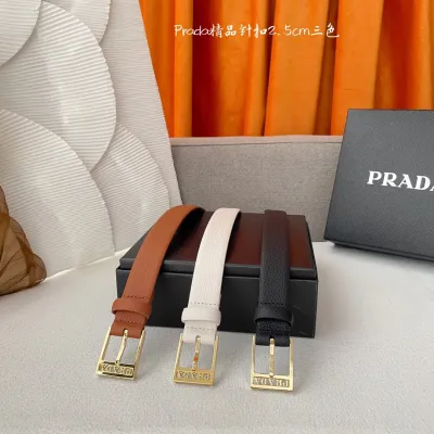 Prada Women' s Square Buckle Belt In Brown/Black/White Calfskin With Gold Hardware 25mm