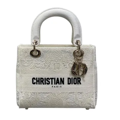 Dior Medium Lady D-Lite In White/Black Lace Embroidered Canvas Gold Hardware