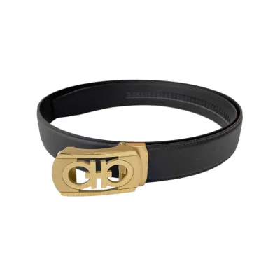 Ferragamo Men's Rectangled Double Gancini Buckle Belt In Black Calfskin With Gold/Silver Hardware 35mm