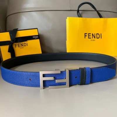 Fendi Men's Rectangled FF Buckle Reversible Belt In Black/Blue/Red/Yellow Calfskin With Gold/Silver/Gun Black Hardware 35mm