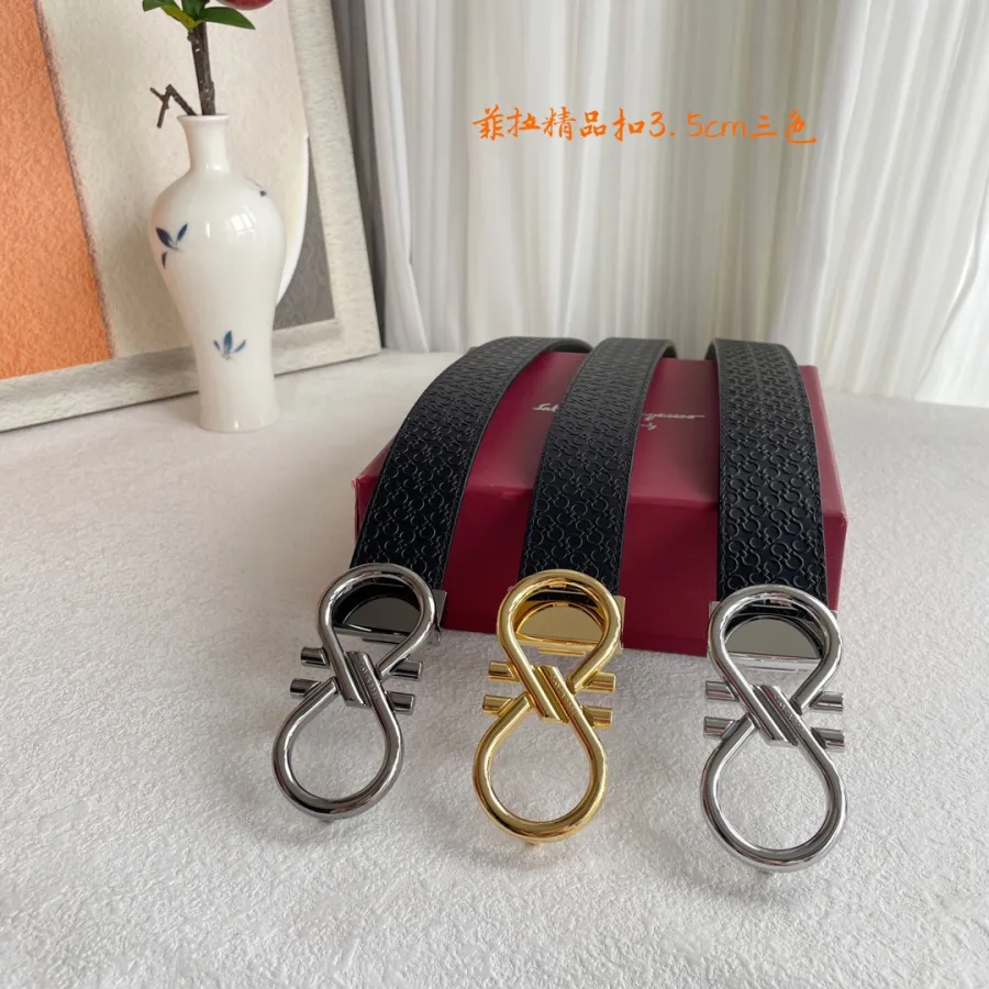 Ferragamo Men's Double Buckle Reversible Belt In Black/Coffee Gancini Monogram Calfskin With Gold/Silver/Gun Black Hardware 35mm