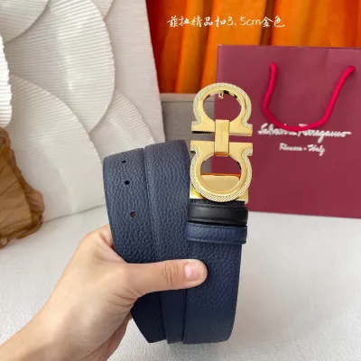 Ferragamo Men's Double Gancini Buckle Reversible Belt In Blue/Black/Burgundy Grained Calfskin With Gold/Silver/Black Hardware 35mm