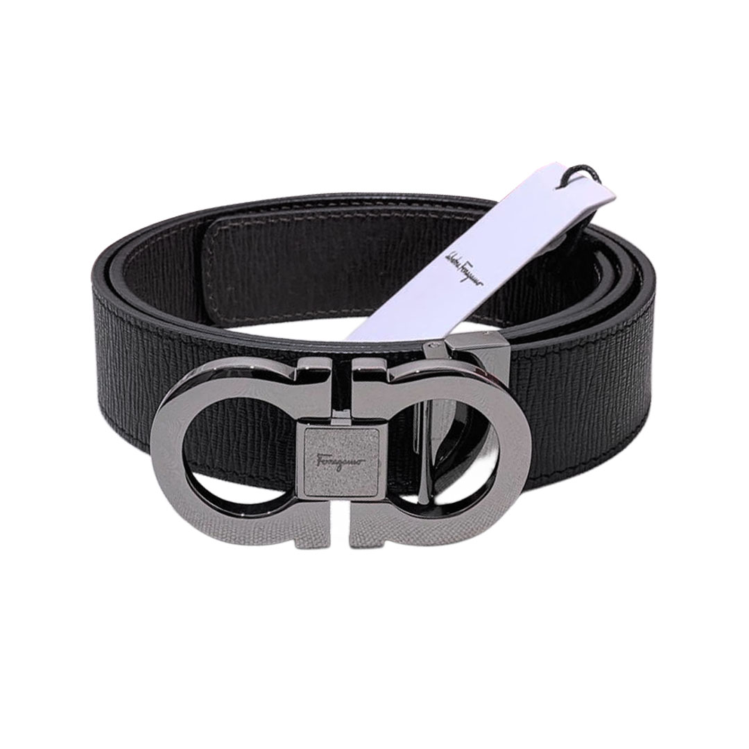 Cinto Reversível Masculino Ferragamo com Fivela Dupla Gancini em Couro Bezerro Preto/Marrom com Acabamento Dourado/Prateado 35mm