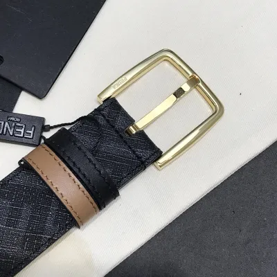 Fendi Men's Diagonal Belt In Black/Brown Calfskin And Monogram Canvas With Gold/Silver Hardware 35mm