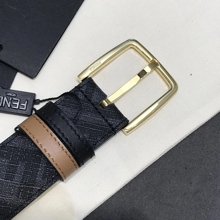 Fendi Men's Diagonal Belt In Black/Brown Calfskin And Monogram Canvas With Gold/Silver Hardware 35mm