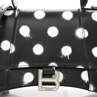Balenciaga Small Hourglass Top Handle Bag Black/White Smooth Calfskin Leather Spray Polka Dot Silver Hardware