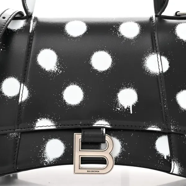 Balenciaga Small Hourglass Top Handle Bag Black/White Smooth Calfskin Leather Spray Polka Dot Silver Hardware - Image 8
