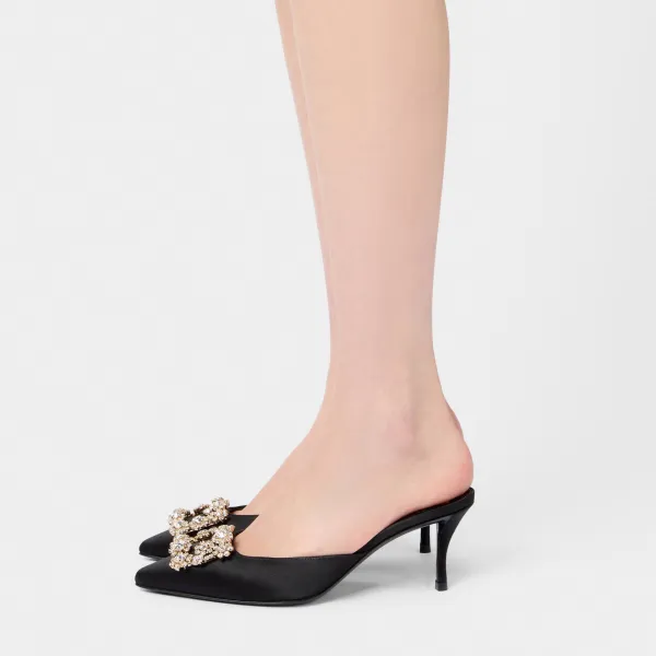 Roger Vivier Efflorescence Mules High Heels In Black Satin With Crystal Buckle (Heel Height 6.5cm) - Image 6