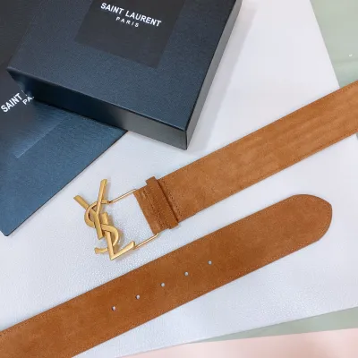 Saint Laurent Pairs Belt In Brown/Coffee Suede Leather With Gold/Silver Hardware 50mm