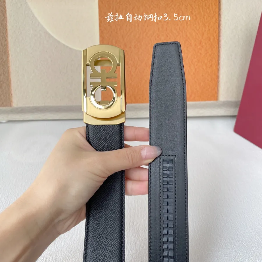 Ferragamo Men's Rectangled Double Gancini Buckle Belt In Black Calfskin With Gold/Silver Hardware 35mm