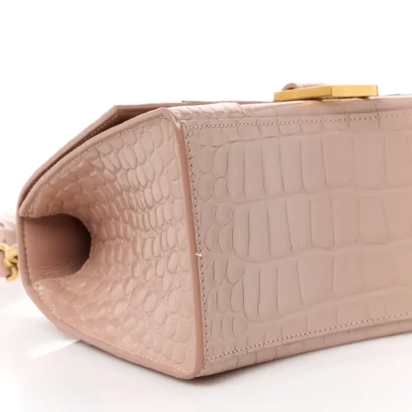 Balenciaga Small Hourglass Top Handle Bag Nude Beige Crocodile Embossed Shiny Calfskin Leather Gold Hardware - Image 5