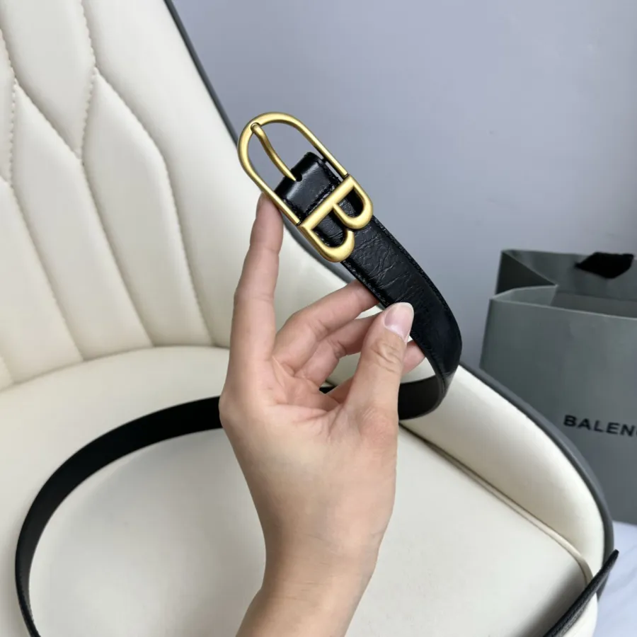 Balenciaga Women's Classic B Belt In Black Calfskin With Gold/Silver Hardware 25mm