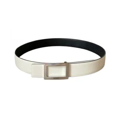 Prada Men' s Square Buckle Reversible Belt In Black/Blue/White Saffiano Calfskin With Gold/Silver Hardware 34mm