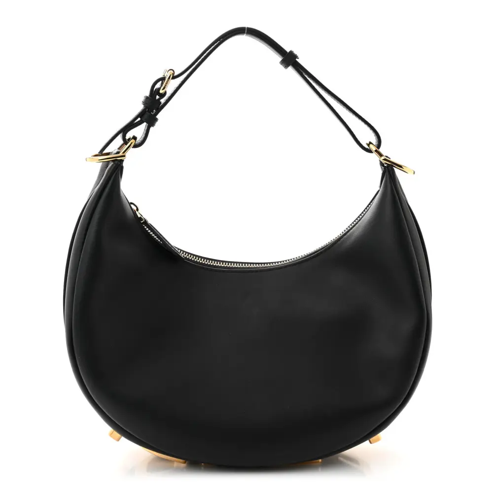 Fendi Bolsa Hobo Pequena Fendigraphy Preta Couro Vitello Grace Fosco Hardware Dourado