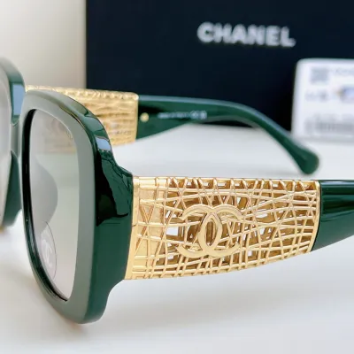 CHANEL square frame glasses green gold color size 54-20-140