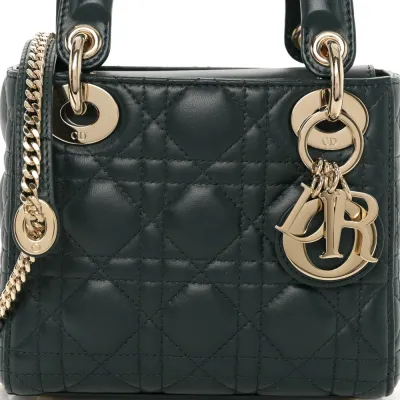 Dior Mini Lady Dior Dark Green Cannage Lambskin Leather Light Gold Hardware