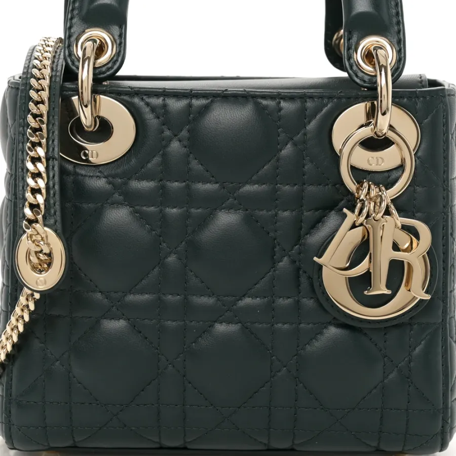 Dior Mini Lady Dior Dark Green Cannage Lambskin Leather Light Gold Hardware