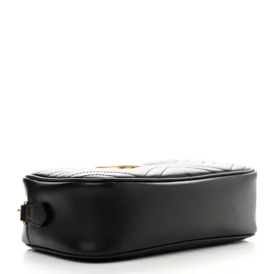 Gucci Small GG Marmont Chain Shoulder Bag Black Calfskin Matelassé Leather Gold Hardware