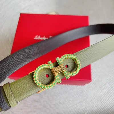 Ferragamo Women's Double Gancini Buckle With Crystals Adjustable Belt In Red/Brown/Green/Pink/Black/White/Burgundy/Khaki/Celery Grained Calfskin With Gold/Silver Hardware 25mm