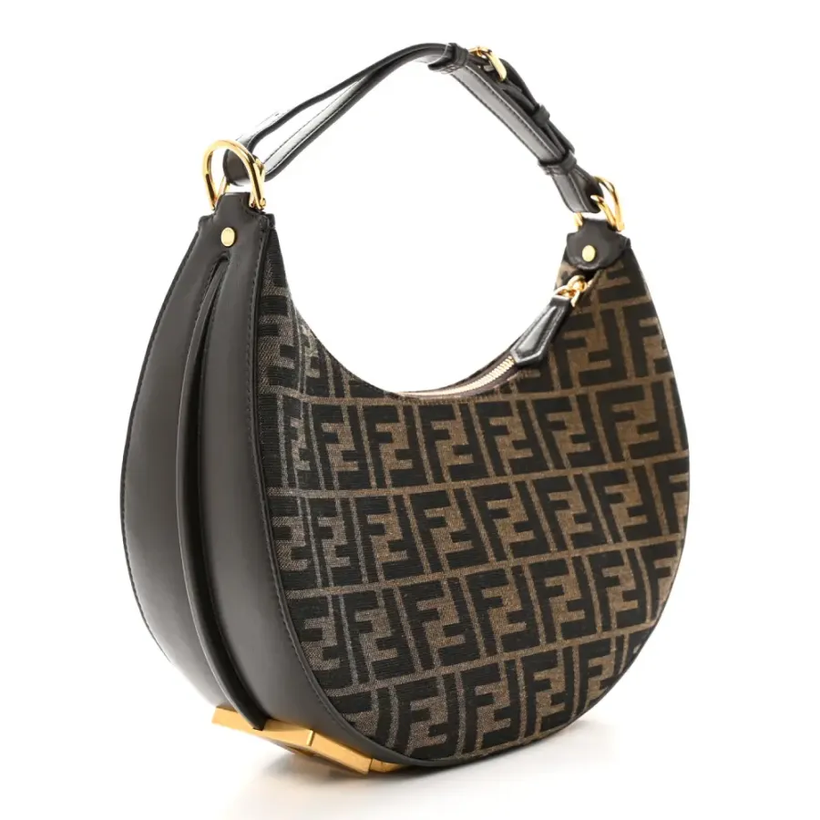 Fendi Small FF 1974 Fendigraphy Hobo Bag Tobacco/Moro/Ebano Jacquard Fabric & Grace Vitello Leather Gold Hardware