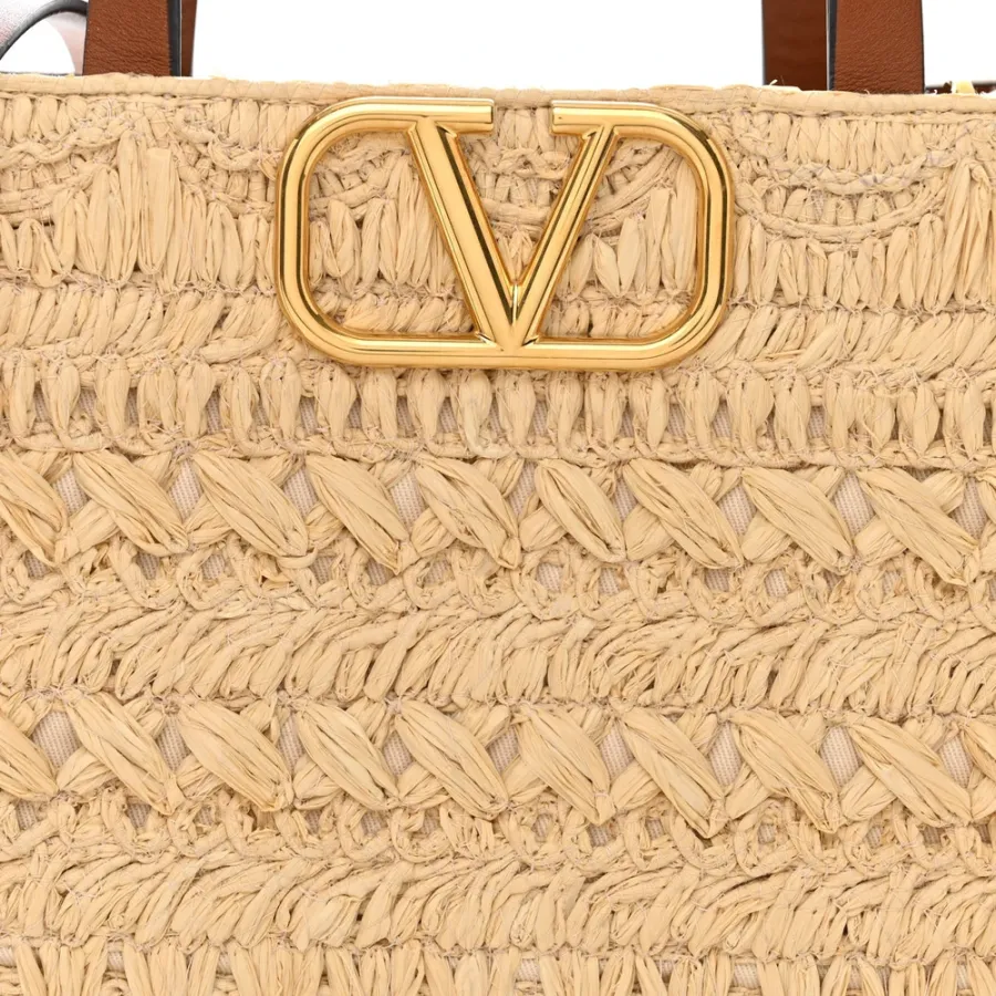 Valentino Garavani Small VLogo Signature Tote Natural/Saddle Brown Raffia & Calfskin Leather Gold Hardware