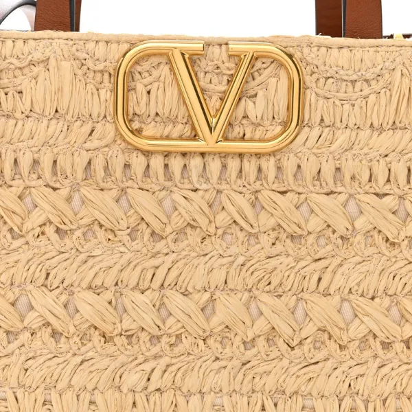 Valentino Garavani Small VLogo Signature Tote Natural/Saddle Brown Raffia & Calfskin Leather Gold Hardware - Image 8