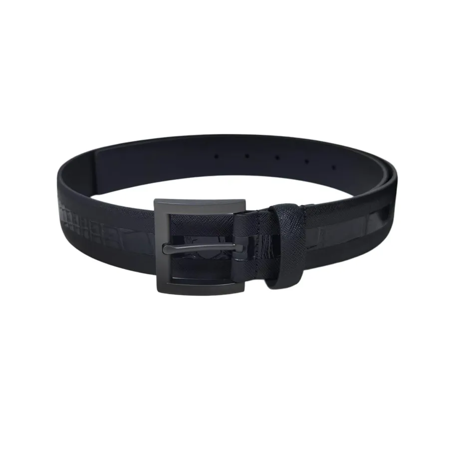 Prada Men' s Square Buckle Belt In Black Embossed Crocodile Calfskin With Silver/Black Hardware 35mm