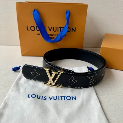 Louis Vuitton Men's Dimension Reversible Belt In Black Calfskin With Gold/Silver/Gun Black Hardware And Rhinestones 40mm