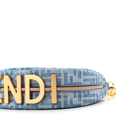 Fendi Mini FF Embroidered Fendigraphy Hobo Bag Blue/Sand Denim & King Vitello Leather Gold Hardware