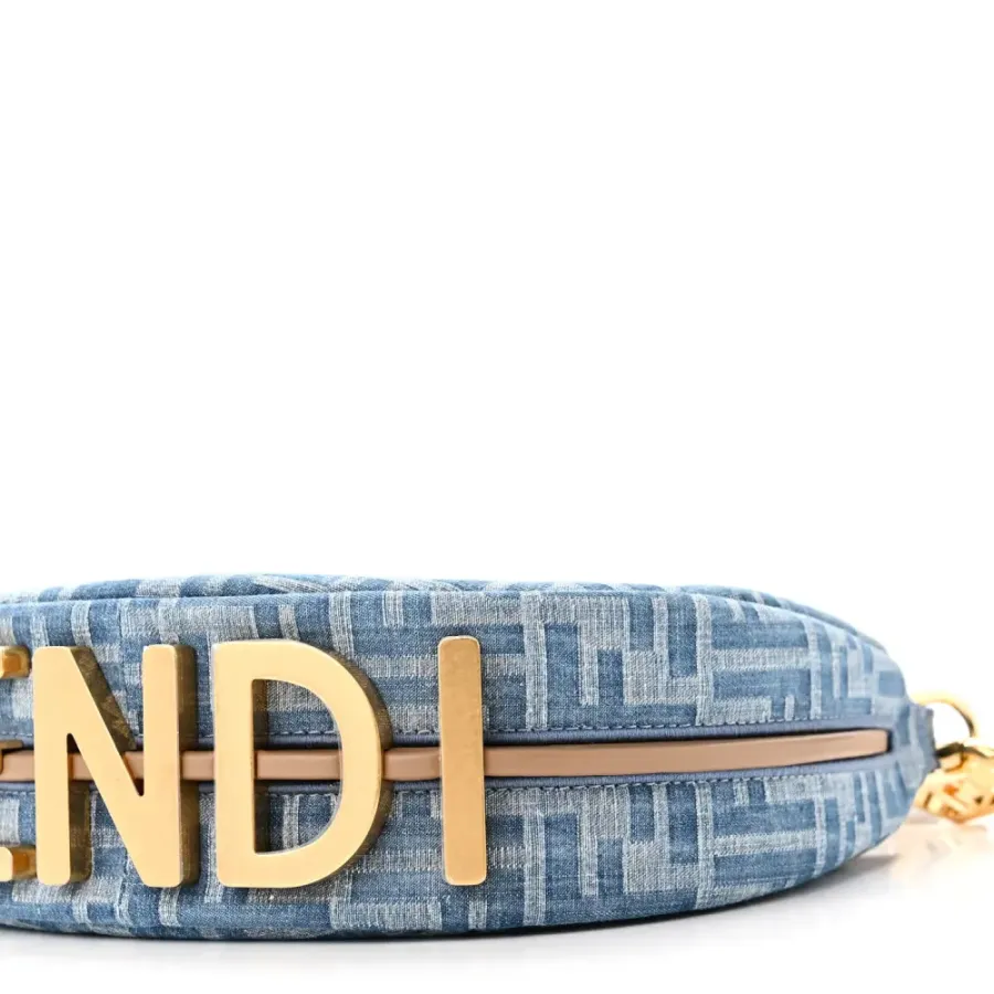 Fendi Mini FF Embroidered Fendigraphy Hobo Bag Blue/Sand Denim & King Vitello Leather Gold Hardware