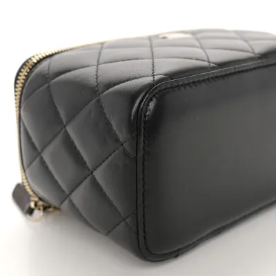 Chanel Vanity Case With Chain Small Black Quilted Lambskin Leather Light Gold Hardware