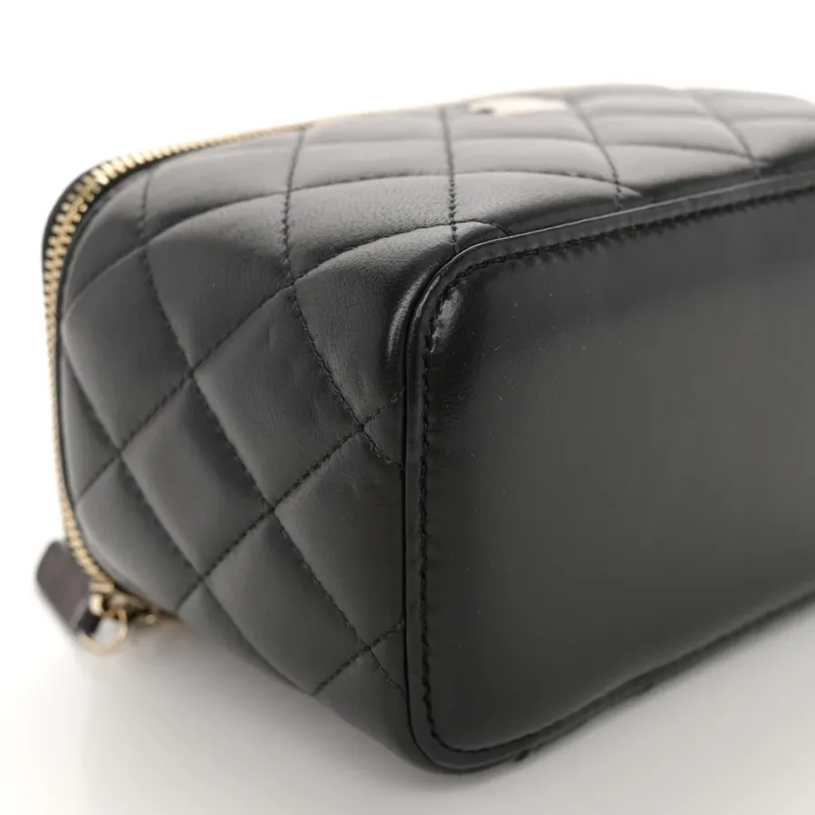 Chanel Vanity Case With Chain Small Black Quilted Lambskin Leather Light Gold Hardware